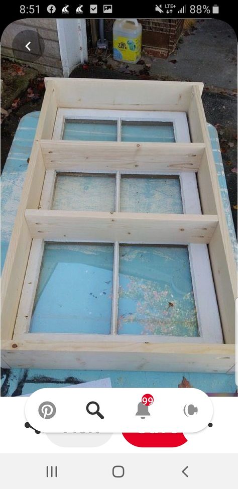 Shelves Inside Window Frame, Old Window Shelves, Recycled Windows Ideas, Cabinets Made From Old Windows, Old Window Upcycle, Old Wooden Windows Projects Ideas, Vintage Window Frame Ideas, Window Shelving, Make A Window