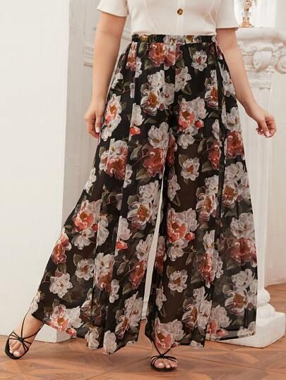 Free Returns ✓ Free Shipping On Orders $49+ ✓. Plus High Split Sheer Floral Overlay Palazzo Pants- Plus Size Pants at SHEIN. Palazzo Pants Outfit Indian Casual, Floral Palazzo Pants Outfit, Palazzo Pants Outfit Indian, Chiffon Palazzo Pants, Chiffon Outfit, Palazzo Pants Outfit, Floral Palazzo Pants, Straight Cut Dress, Button Fly Pants