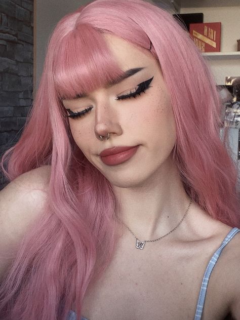 long pink hair inspo, pink hair with bangs, pastel light pink hair, butterfly necklace, egirl inspo, alt inspo, heavy eyeliner inspo, makeup inspo, nose contour, lipstick, fake lashes, manhua / manga lashes, pfp inspo, egirl icons, egirl pfp, pink hair pfp, fake freckles, cute makeup inspo, septum piercing Light Pink Hair With Bangs, Egirl Pink Hair, Pfp Pink Hair, Pink Hair With Bangs, Egirl Inspo, Egirl Icons, Pink Hair Pfp, Egirl Pink, Heavy Eyeliner