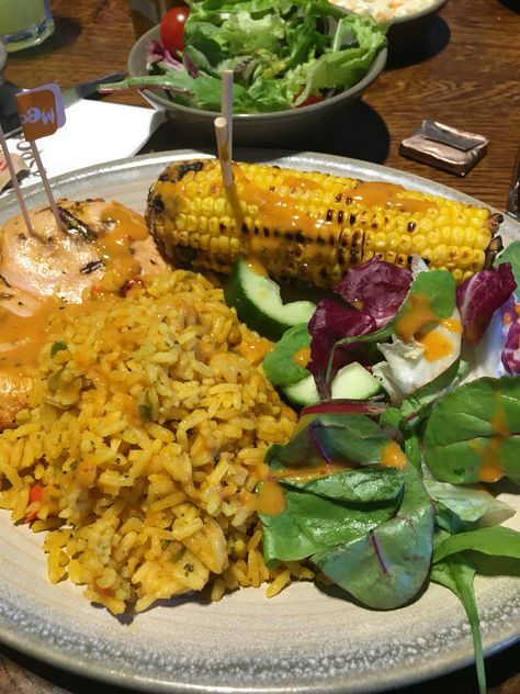 Nandos!!! Butterfly chicken no skin, spicy rice reg (2 sins) corn on the cob and salad Street Corn Rice Chicken Bowl, Chicken Black Bean Corn Rice Bowl, Orange Chicken And Rice Aesthetic, Rice With Cumin Seeds, Butterfly Chicken, Spicy Rice, Corn On The Cob, Corn, Rice