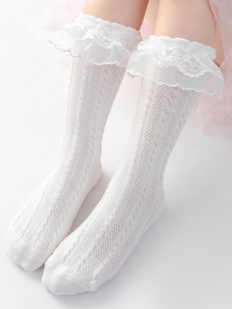 White Frilly Socks, Baby Lace, Frilly Socks, Over The Calf Socks, Cute Stockings, Angel Outfit, White Tights, Lace Socks, Fairy Fashion