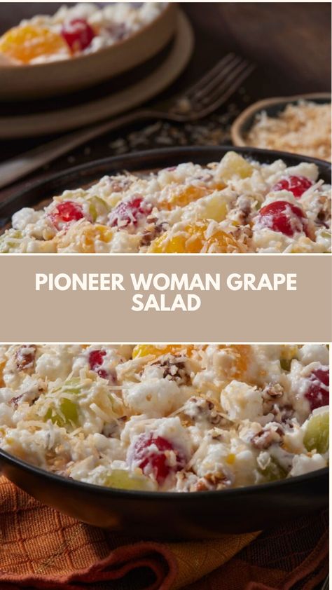 Pioneer Woman Grape Salad is made with green and purple grapes, cream cheese, sour cream, granulated sugar, vanilla extract, brown sugar, and pecans. It serves 6 and takes about 15 minutes to prepare, plus chilling time for flavors to meld. Best Grape Salad Recipe, Grape Salad With Brown Sugar, Grape And Apple Salad, Green Salads For Parties, Apple Grape Salad, Grape Salad With Cream Cheese, Sour Cream Salad, Grapes Salad, Pioneer Kitchen