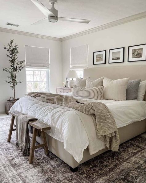 21 Inspiring Cozy Bedroom Design Ideas To Make Your Haven Hall Bathroom Update, Magnolia Homes Joanna Gaines Master Bedrooms, Country Chic Master Bed, Gray Scheme Bedroom, Accent Rug Over Carpet Bedroom, Bedroom Canvas Wall Art, Bedroom Decor With Sitting Area, Grey And Creme Bedroom, Magnolia Homes Joanna Gaines Bedroom