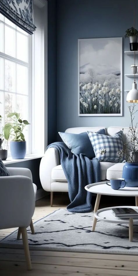 Blue Living Room Design 2024: Elevate with Navy, Gray, and Royal Paint Wall Elegance White Scandinavian Living Room, Green Living Room Ideas, Blue And Green Living Room, Purple Living Room, Scandinavian Living Room, Blue Interior Design, Paint Wall, Living Room Scandinavian, Scandinavian Living