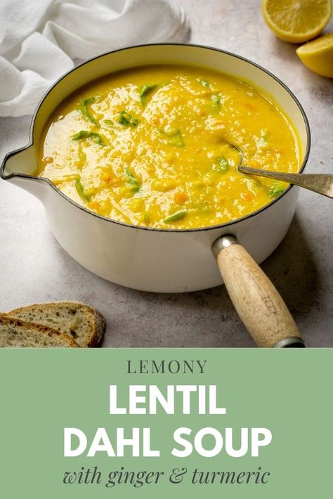 Dahl Soup (Lentil Soup with lemon and turmeric) Dahl Soup, Lentil Soup With Lemon, Soup With Turmeric, Lemon Ginger Turmeric, Vegan Freezer Meals, Soup Lentil, Vegan Autumn, Soup With Lemon, Vegan Winter Recipes