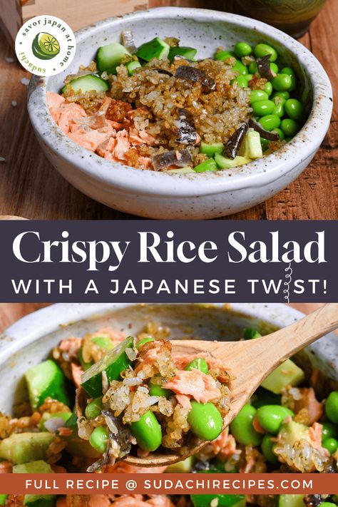 Crispy Rice Salad with Japanese Twist Crispy Rice Salmon Cucumber Salad With Creamy Asian Dressing, Salmon With Crispy Rice, Crispy Rice Salmon Cucumber Salad, Crispy Rice And Salmon, Crispy Rice Salmon Salad, Low Carb Japanese Food, Crispy Rice With Salmon, Japanese Salads, Crispy Rice Bowl