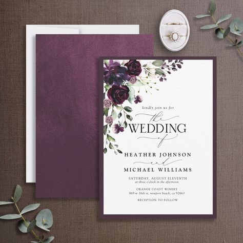 Plum Purple Wedding, Mauve Flowers, Modern Hand Lettering, Formal Wedding Invitations, Watercolor Calligraphy, Purple Wedding Invitations, Flowers Botanical, Gold Watercolor, Fall Wedding Invitations