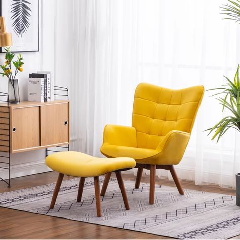 Corrigan Studio® Zena 28.75" Wide Tufted Velvet Armchair and Ottoman & Reviews | Wayfair Yellow Accent Chairs, Accent Chair With Ottoman, Armchair With Ottoman, Tufted Accent Chair, Yellow Chair, Chair With Ottoman, Chair And Ottoman Set, Luxury Modern Furniture, Velvet Accent Chair