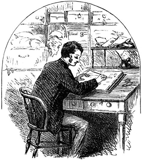 Man Sitting at Desk & Writing in Journal Person Writing Drawing, Writing In Journal, Man Sitting At Desk, Writing In A Journal, Journal Clipart, Sitting At Desk, Story Retell, Men's Journal, Desk Writing