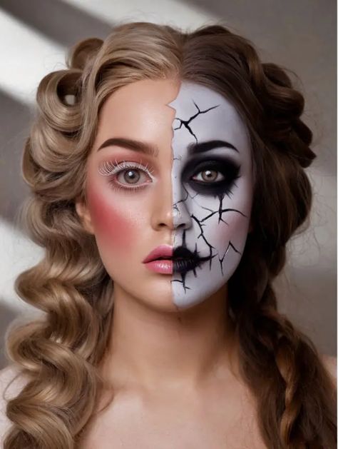 Top 21 Half-Face Halloween Makeup Ideas For Women In 2024 Easy Halloween Face Paint For Adults, Half Skull Half Glam Makeup, Girl Halloween Face Makeup, Half Face Paint Halloween, Half Face Makeup Looks, Painted Face Halloween Women, Women’s Halloween Face Paint Ideas, Face Painted Halloween Costumes, Half Makeup Face Halloween