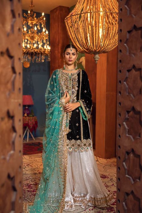 KHUDA BAKSH, LUXURY PRET, NEW ARRIVAL P-225 - Crinkle Chiffon Price: 19,890.00 PKR READY TO WEAR Whats Included: Hand Embroidered Shirt Sleeves Attached Trousers (Elasticized waistband) Dupatta Fabric Details: Shirt: Crinkle Chiffon (Hand Emboroidered with Kora, Dabka, Resham etc ). Sleeves: Same as Shirt Dupatta: Net (Embellished with beads and laces) Trousers: Sharara: Crushed Crinkle ✅ Book Your Order Now. ✅ Delivery Worldwide Available. ✅ Courier Service Is Also Available. ✅ Stitc... Hand Embroidered Shirt, Pakistani Street Style, Pakistani Wedding Dress, Pakistan Fashion, Velvet Shirt, Net Dupatta, Pakistani Designers, Pakistani Outfits, Pakistani Fashion