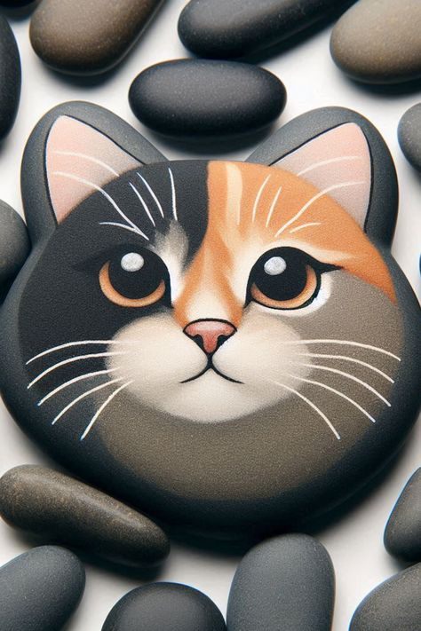 Decorate your projects with this brown face pebble inspired cat :) Cat Rock Painting Ideas, Cat Painted Rocks, Cat Rock Painting, Cat Rocks, Cat Rock, Painted Cat, Rocks Painted, Rock Painting Ideas, Hand Painted Cat