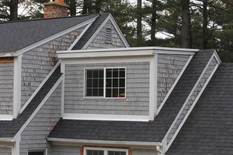 Dormer Siding Ideas, Adding Fake Dormers To A House, Faux Dormers Before And After, False Dormers On Roof, Types Of Roof Dormers, Shed Dormer Addition Before And After, Replacing Siding, Pine Trim, Shake Siding