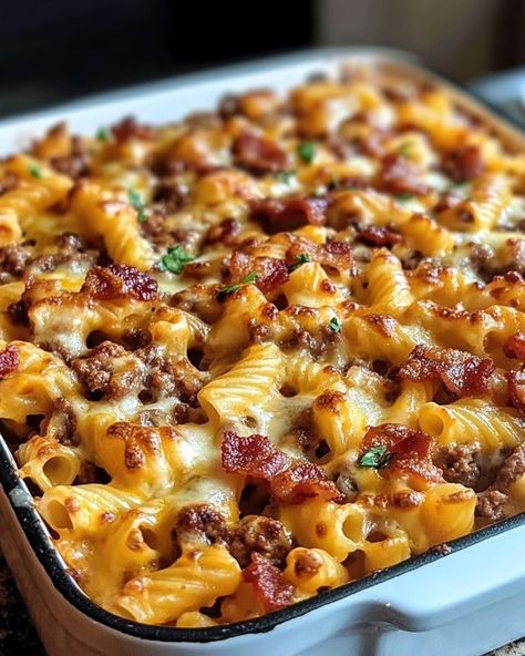 Kitchen Lap, Recipes & Cooking Tips | This Loaded Bacon Cheeseburger Pasta Bake is the ultimate indulgence | Facebook Loaded Cheeseburger Pasta, Loaded Bacon Cheeseburger Pasta, Bacon Cheeseburger Pasta, Bacon Cheeseburger Pasta Bake, Bbq Bacon Cheeseburger Casserole, Bacon Cheeseburger Lasagna, Baked Bacon Cheeseburger Mac And Cheese, Ital Food, Cheeseburger Pasta