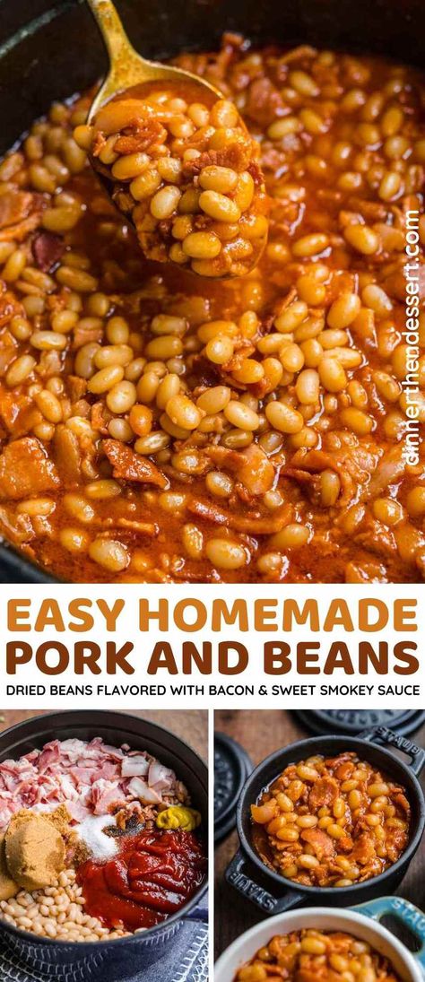 Homemade Pork and Beans is easy to make with a savory and sweet sauce flavored with brown sugar, molasses, ketchup, and Worcestershire sauce. Perfect for a bbq, potluck or party. Copycat Van Camps Pork And Beans, Pork And Beans Recipe Canned, Homemade Pork And Beans, Pork And Beans Recipe, Southern Baked Beans, Bbq Potluck, Pork And Beans, Beans In Crockpot, Bbq Beans