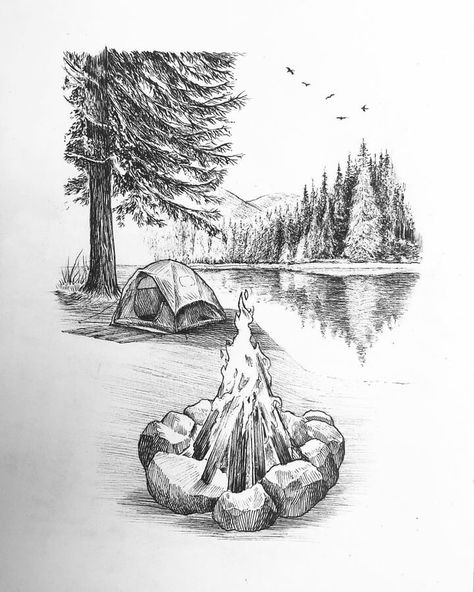 ink drawing Drawing Camping, Outdoors Drawing, Camping Drawing Ideas, Outside Drawings, Outdoor Drawings, Camping Drawings, Sketches Landscape, Fire Ink Drawing, Trail Drawing