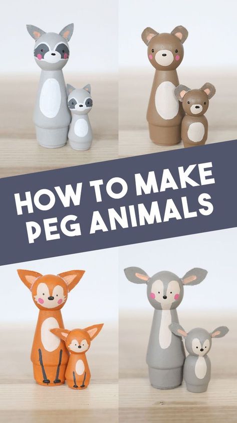 Learn how to make your own wood peg doll animals. They're a perfect cake topper for a baby shower or kids birthday party. They make adorable wooden toys, too! #paint #painting #painted Peg Animals Diy, Diy Peg Doll Accessories, Wooden Peg Animals, Wood Peg Doll Ideas, Peg Doll Painting, Wood Animals Diy, How To Paint Peg Dolls, Peg Doll Animals, Peg Dolls Ideas