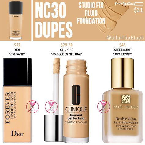 MAC NC30 Studio Fix Fluid Foundation Dupes - All In The Blush Mac Foundation Shades, Basic Makeup Kit, Mac Studio Fix Foundation, Dior Foundation, Beauty Shopping List, Skin Tone Makeup, Foundation Swatches, Mac Foundation, Mac Studio Fix Fluid