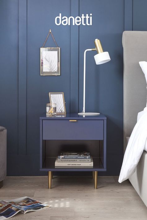 Blue Bedside Table, Blue Bedside Tables, Modern Beds, Contemporary Bed, Color Pairing, Neat And Tidy, Modern Bed, Be Bold, Metallic Accents