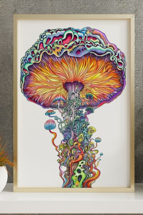 psychedelic mushroom painting Spiritual Mushroom Art, Mishroom Artwork, Mushroom Phycadelic, Psychadelic Art Watercolour, Mushroom Painting, Colorful Mushroom Art Trippy, Watercolor Poster, Easy Diy Art, Magical World