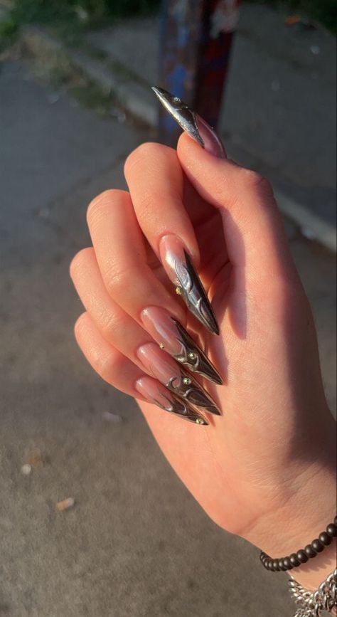 Subversive Nails, Almond Acrylic Nails Designs, Long Stiletto Nails, Goth Nails, Grunge Nails, Almond Acrylic Nails, Metallic Nails, Bling Acrylic Nails, Fire Nails