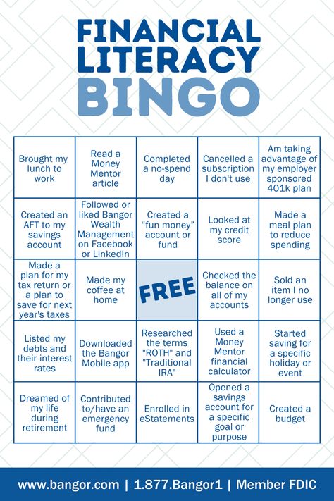 It can be helpful to read the information on our social media or read our Money Mentor articles, but you’ll learn even more and maybe even create life-long habits by implementing what you learn. Challenge yourself, and maybe a friend too, to get bingo or a blackout on our Financial Literacy Bingo card. Financial Challenge, Savings Bingo, Games To Teach Budgeting Or Money Management For Adults, Financial Peace University Class Ideas, Financial Wellness Activities, Money Literacy, Financial Literacy Month Ideas, Financial Literacy Worksheets, Finance Literacy