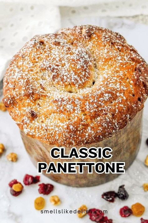 End your Christmas meal on a sweet and festive note with this impressive Christmas Panettone Bread! This Italian classic is a delightful combination of fluffy dough, colorful candied fruits, and a hint of citrus. It's the perfect way to add a touch of elegance and tradition to your holiday celebration. Panatone Bread Italian Christmas, Panatone Bread, Traditional Panettone Recipe, Easy Panettone Recipe, Christmas Panettone, Artesian Bread, Panettone Cake, Panettone Bread, Italian Panettone