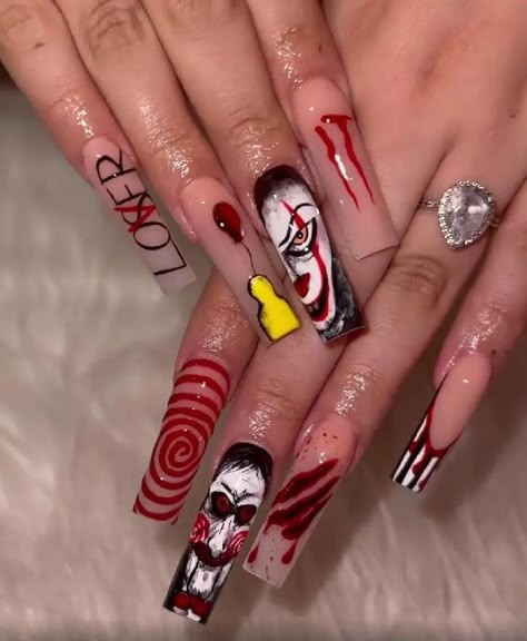 Halloween Nails Freddy And Jason, It Clown Nails, It Nails Stephen King, Trendy Halloween Nails, Spooky Nail, Scary Nails, Horror Nails, Holloween Nails, Classic Nail