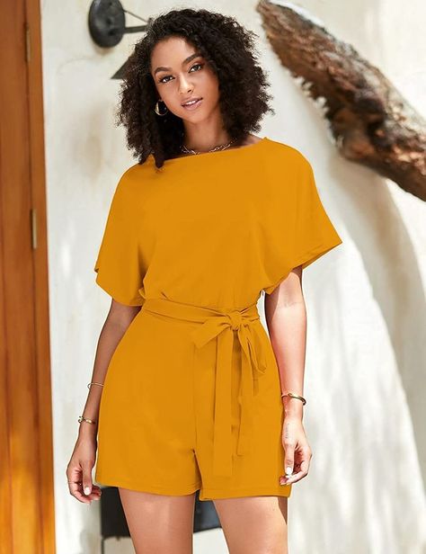 Rompers // Add a pop of color to your look wearing this mustard short sleeves keyhole back belted romper. Summer Belt, Short Sleeve Jumpsuit, Deep Yellow, Belted Romper, Yellow Short, Short Sleeve Jumpsuits, Classy Style, Yellow Shorts, Jumpsuit With Sleeves