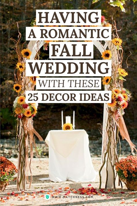 Decorating your fall wedding altar with a white table is an interesting idea so it will look elegant. Then you can add an arch made of twig and blooming flower to make it look more beautiful. A sprinkling of flowers on the floor will add a romantic feel to your fall wedding decorations. #fallwedding #weddingdecoration #falldecoration Simple Fall Wedding Ceremony Decor, Fall Park Wedding, Fall Wildflower Wedding Decor, Fall Arbor Wedding, Fall Wedding Arches Outdoor, Fall Wedding Altar, Autumn Wedding Arch, Fall Wedding Aisle Decorations, Flowers On The Floor