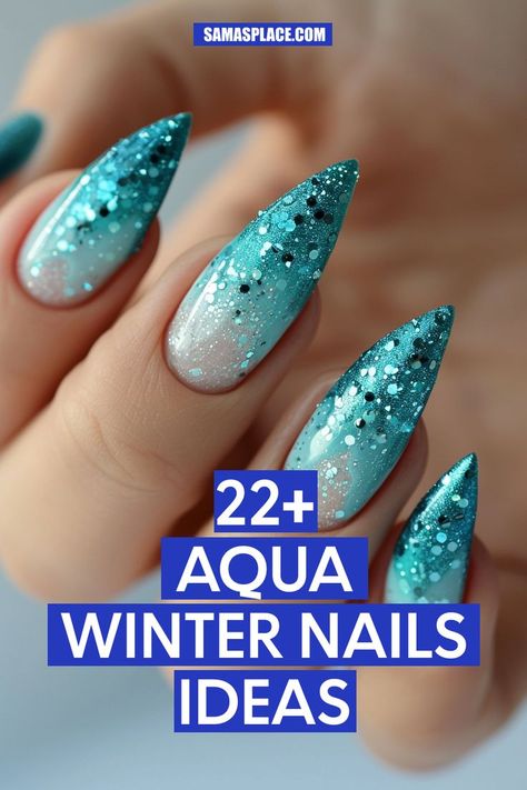 A beautiful ombre that fades from aqua to clear, topped with chunky glitter. This design on almond nails captures a sparkling winter wonderland vibe, ideal for holiday gatherings. Fun Blue Acrylic Nails, Tropical Glitter Nails, December Ombre Nails, Blue Glitter Winter Nails, Ice Blue Nail Designs, Winter Beach Vacation Nails, Aqua Ombre Nails, Teal Winter Nails, Ombre Winter Nails