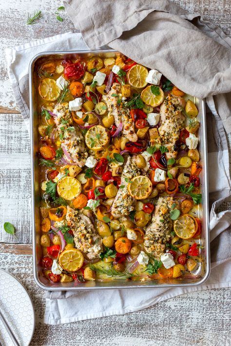 This Herby Feta Lemon Chicken and Veggie Sheet Pan Dinner is both comforting & bright with juicy chicken, hearty potatoes, jammy tomatoes, earthy red onion, loads of fresh herbs, bursting lemon & big hunks of creamy feta. Chicken And Veggie Sheet Pan, Bacon Brittle Recipe, Veggie Sheet Pan, Its November, Dinners Recipes, Feta Chicken, Brittle Recipes, Sheet Pan Dinners Recipes, Dinner Prep