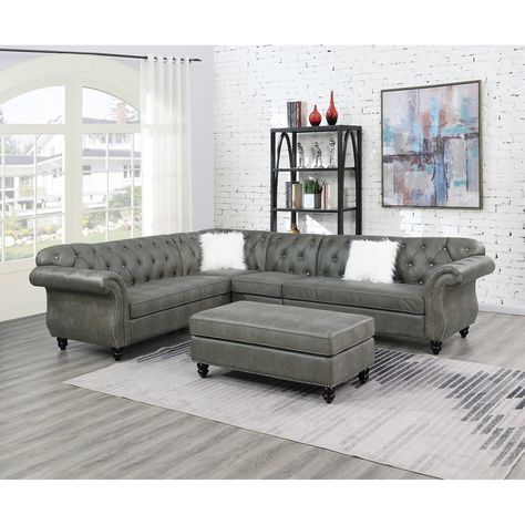 Indulge in comfort with this stunning sectional sofa set. This 4-piece sectional boasts diamond stitching with accent studding on the back support and scrolled arm supports, exuding luxury and elegance. Modern Sectional Living Room, Grey Leather Sectional, Gray Sectional, Grey Sectional Sofa, Modern Contemporary Living Room, Sectional Sofas Living Room, Tufted Design, Sectional With Ottoman, Grey Sectional