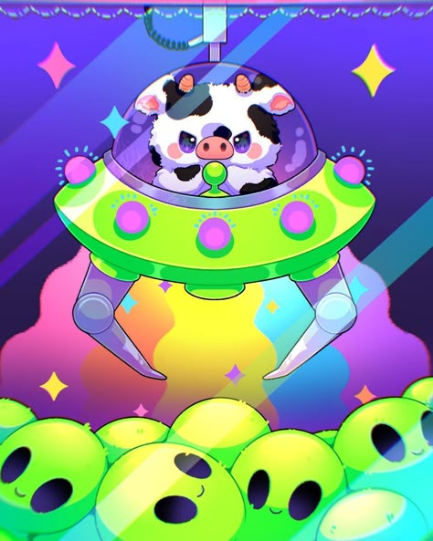 💜☆💚 𝖆𝖘𝖍𝖑𝖊𝖞 💚☆💜 on Instagram: “🐄👽 REVENGE. 🩷🧡💛💚💙💜🌈💜💙💚💛🧡🩷 One of two stickers and postcard print for July’s Cows vs Aliens theme for patreon! 💜💙💚💛🧡🩷🌈🩷🧡💛💚💙💜 #kawaii…” Aliens On The Moon, Cow Drawing, Ufo Art, Cute Alien, Hello Kitty Cartoon, Rainbow Shop, Postcard Printing, Cute Cows, Kawaii Art