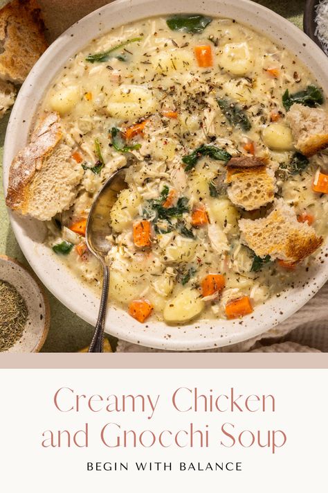 Creamy chicken and gnocchi soup is a must to add to your list for soup season! Featuring creamy broth, pillowy gnocchi, tender chicken, and vegetables, it is one the whole family will love. Chicken Noodle Gnocchi Soup, Gluten Free Chicken Gnocchi Soup, Gnocchi Chicken Soup, Creamy Chicken And Gnocchi, Chicken And Gnocchi Soup, Chicken And Gnocchi, Gnocchi Recipes Soup, Chicken Gnocchi Soup Olive Garden, Gluten Free Gnocchi