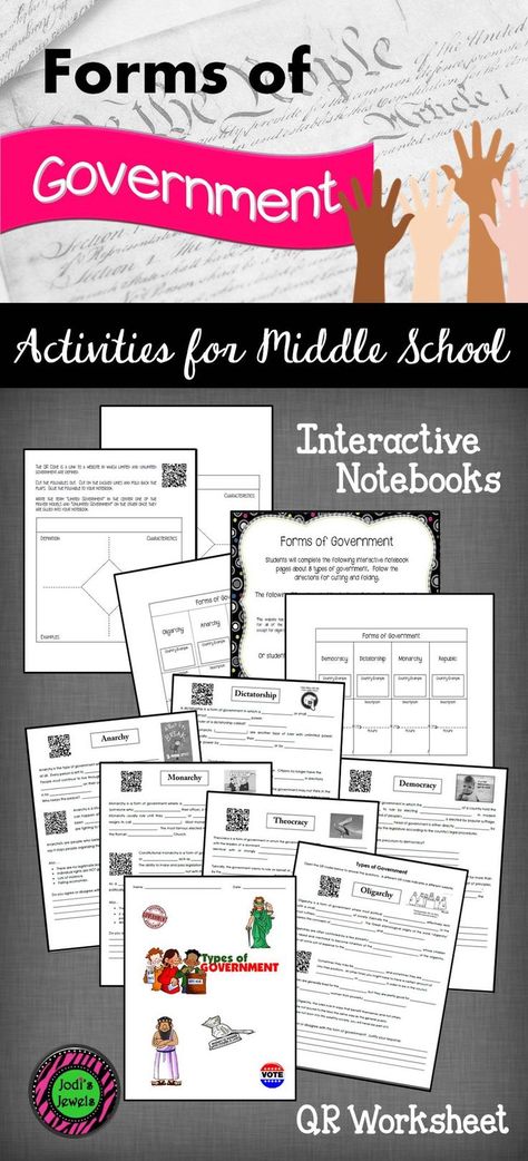 Engage your students using QR codes and interactive notebook activities to learn about the different forms of government. Visit Jodi's Jewels for details! Interactive Notebooks Middle School, Forms Of Government, Ap Government, Social Studies Education, Lesson Activities, 6th Grade Social Studies, Homeschool Social Studies, Interactive Notebook Activities, Middle School Lessons