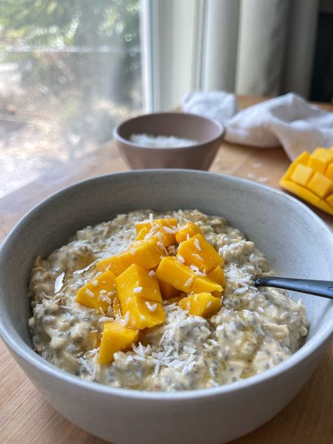 Mango Overnight Oats - onebalancedlife.com Mango Overnight Oats, Mango Oatmeal, Sweet Potato Breakfast Hash, Air Fryer Recipes Appetizers, Breakfast Oats Overnight, Turkey Breakfast, Breakfast Prep, Sweet Potato Breakfast, Family Meal Planning