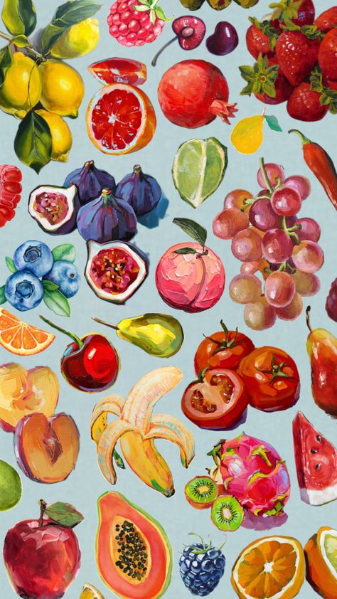 Fruity Background, Fruit Collage, Wallpaper Painting, Painted Fruit, Aesthetic Lockscreen, Witchy Wallpaper, Fruit Wallpaper, Art Painting Gallery, Fruit Painting