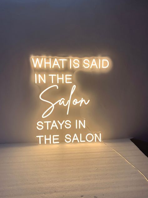 What is Said in the Salon Stays in the Salon neon sign is LED neon sign, It's made of acrylic and led stripe, safe and durable to use in bar bedroom, living room and any room, A great addition for pizza lovers 【Express Shipping】Ship out in 3-7 days. ✈️ Shipped by DHL/Fedex/UPS takes 3-7 days. WHAT'S INCLUDED? ● Finished Neon Sign ● 2meter Clear Cable ● A Black Adapter ● Plug, plug into the socket ● Advertising SCrew ● Dimmer & Remote, adjust the brightness Features for LED Neon Sign * Durable: i Salon Soft Opening Ideas, Boho Style Nail Salon, Salon Room Ideas Home, Salon Signage Ideas, Home Beauty Salon Ideas Small Modern, Beauty Suite Decor Ideas, Salon Walls Ideas, Salon Entry Way Ideas, Beauty Salon Wall Decor Ideas