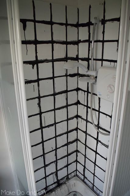 Black Tile Grout, White Tiles Black Grout, White Tile Paint, Painted Shower Tile, White Shower Tile, Shower Grout, Bathroom Tile Diy, Bathroom Grout, Black Tile Bathrooms