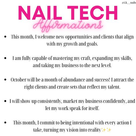 New month, new energy! 💫 October Affirmations for Nail Techs to start the month off right🩷💅🏾🤝🏾 These affirmations are here to remind you of your power, purpose, and potential. Let’s make this the most productive quarter yet!! 🥂 #NailTechMotivation #Q4Mindset #nailtechaffirmations #nailtechlife #affirmations New Month Affirmations, Mobile Nail Tech, Nail Tech Availability Calender, Nail Tech Quotes Social Media, Nail Tech Affirmations, October Affirmations, Day In The Life As A Nail Tech, Nail Tech Appointment Policy, Nail Tech Quotes