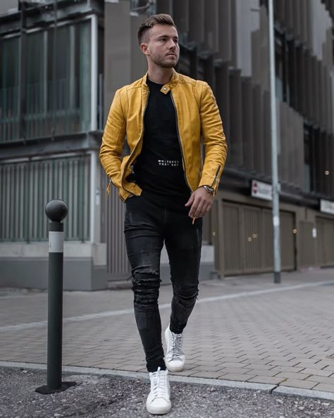 Black And Yellow Outfit Men, Mustard Leather Jacket, Yellow Jacket Outfit, Jean Jacket Outfits Men, Mustard Outfits, Winter Fashion Men, Mustard Jacket, Leather Jacket Outfit Men, Jacket Outfit Men