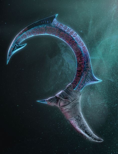 Sickle Concept Art, Sickle Dnd, Fantasy Sickle, Fantasy Scythe, Sickle Art, Sickle Design, Magic Items, Substance Painter, Cool Swords