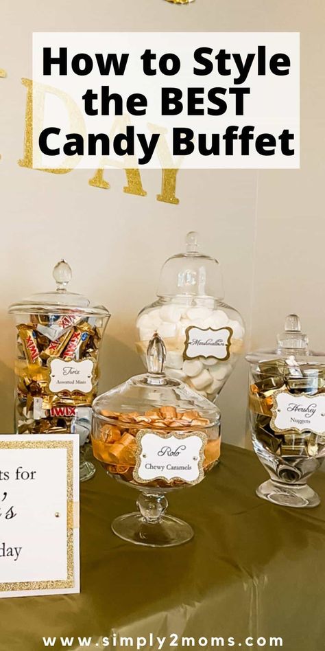 Learn how to create the best candy buffet for your next event. Impress your guests with a dessert bar filled with treats. Glass apothecary jars are the perfect way to display your candy bar. The lids keep treats contained. Use scoops to serve candy from containers. Candy buffet can be large or small just follow our tips to set up a dessert table at your next party or event. People can serve themselves and it looks beautiful as part of your décor too. Kids & adults will love a candy buffet! Treat Table Set Up, Buffet Table Display, Candy Bars Ideas, Wedding Candy Bar Buffet, Retirement Candy, Candy Buffet Containers, Candy Buffet Table, Candy Bar Table, Candy Buffet Signs