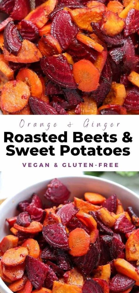 Roasted Beets And Sweet Potatoes Recipe, Roasted Beets And Sweet Potatoes, Beets And Sweet Potatoes, Thanksgiving Vegetables Side Dishes, Root Vegetables Recipes, Sweet Potatoes Recipe, Dinner Thanksgiving, Holiday Side Dish, Traditional Thanksgiving