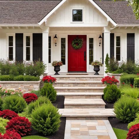 Modern Farmhouse Exterior Colors Red Door House Exterior, White House Red Front Door, Red Front Door White House, White House Red Door, Exterior House Colors Farmhouse, White And Black House Exterior, Outside House Paint Colors, Modern Farmhouse Exterior Colors, Country Farmhouse Exterior