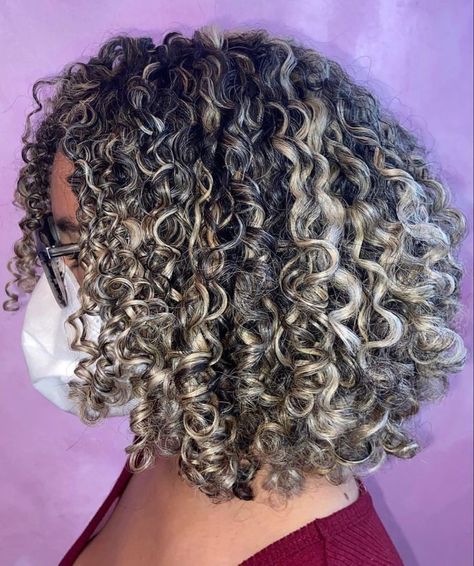 Curly Hair Grey Highlights, Herringbone Highlights, Messy Lob, 3a Curly Hair, Natural Hair Highlights, Gray Highlights, Curly Cut, Permed Hair, Dyed Curly Hair