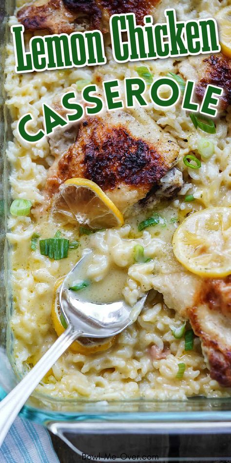 You'll love the bright fresh flavors of this easy to make Lemon Chicken Casserole Recipe! It's always a hit with the whole family and because it's so simple to make, it will be your new favorite as well. Enjoy the fresh flavors of lemon with tender rice and chicken. Bowl Me Over, Lemon Chicken Casserole, Salad Pasta Recipes, Lemon Chicken Rice, Chicken Rice Bake, Creamy Lemon Chicken, Chicken Rice Casserole, Lemon Chicken Recipe, Lemon Rice