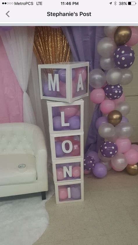 Box Decoration Ideas, Baby Shower Nena, Baby Shower Ideas For Girls Themes, Parties Decorations, Ideas Baby Shower, Purple Balloons, Unicorn Baby Shower, Simple Baby Shower, Clear Box