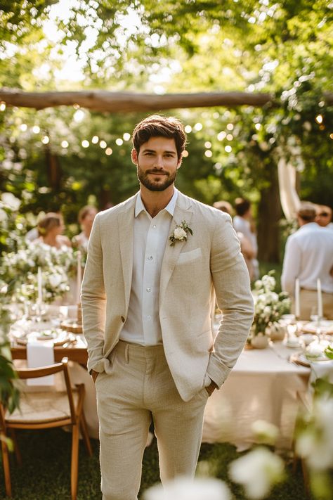 Discover casual groom outfit ideas for backyard weddings that blend style and comfort! Create a relaxed yet sophisticated vibe for your celebration with these trendy looks. Perfect for warm, intimate moments. Save this pin for inspiration!  #GroomStyle #BackyardWedding #WeddingOutfits #CasualWedding #WeddingInspo #GroomWear #RelaxedCelebration #OutdoorWedding #WeddingPlanning #StylishGroom #WeddingIdeas #GroomAttire #TrendyGroom #WeddingFashion #NuptialLooks Boho Elopement Groom Attire, Groom Attire No Tie, Beige Tuxedo Wedding Groom Attire, April Wedding Groomsmen, Mexico Groomsmen Attire, Men’s Summer Rehearsal Dinner, Earthy Wedding Groom, Backyard Wedding Groom Attire Casual, Men’s Wedding Suit Colors